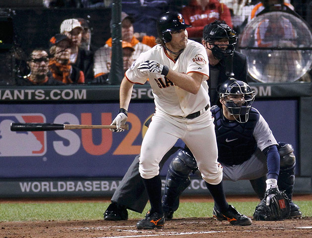 WS12: San Francisco Giants' Zito hits an RBI single vs Detroit Tigers