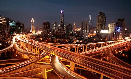 Shanghai's roadways and skyline at night