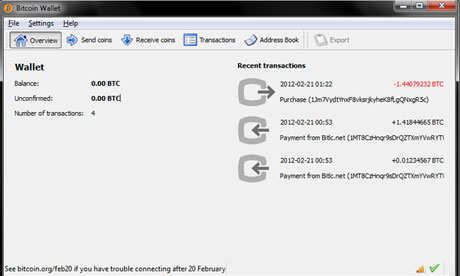 A screenshot showing a Bitcoin Wallet, with which users can keep track of their transactions