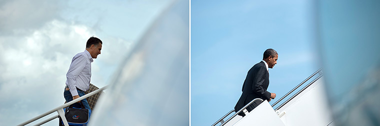 Obama and Romney: Obama and Romney board planes