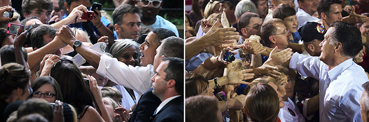 Obama and Romney: Obama and Romeny greeting crowds