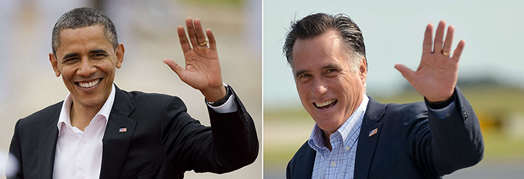 Obama and Romney: Obama and Romney waving