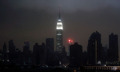 A blacked out New York City skyline as hurricane Sandy makes landfall in US east coast