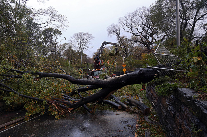 Sandy on east coast: Workers clear a downed tree blocking East 96th street