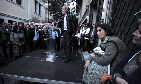 Greek bank pensioners and employees gather outside their union offices in Athens on October 30, 2012,