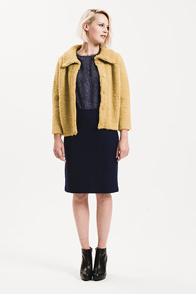 All Ages: Pencil Skirts: Model wears navy pencil skirt and mustard jacket