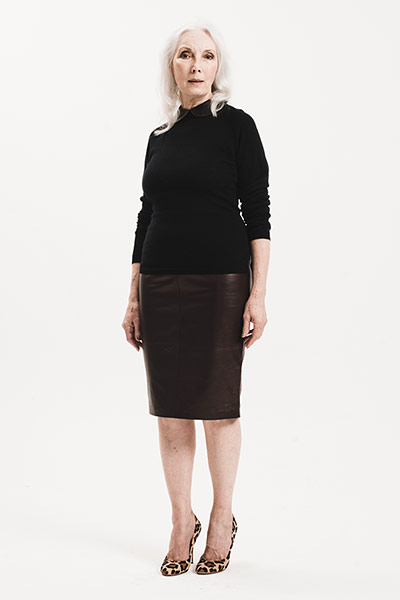 All Ages: Pencil Skirts: Model wears black leather pencil skirt and black polo neck