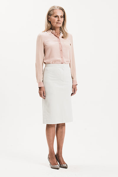 All Ages: Pencil Skirts: Model wears white pencil skirt and pink blouse