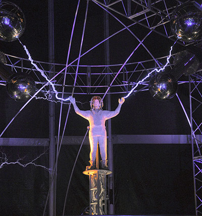 24 hours: David Blaine stands on a platform surrounded by equipment that will stream 1m volts of electricity around him for three days and nights