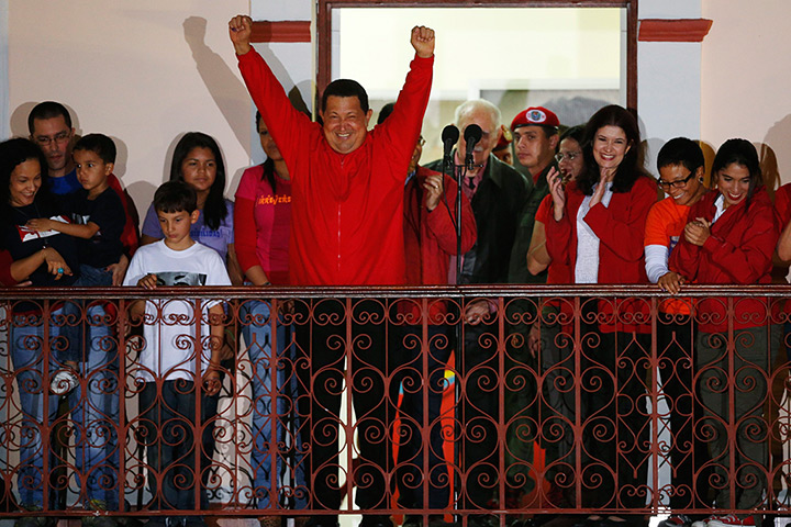 Venezuela elections: President Hugo Chavez celebrates at the Miraflores Palace