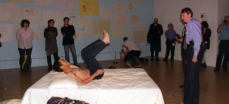 Defaced art: Yuan Cai bounces on Tracey Emin's My Bed