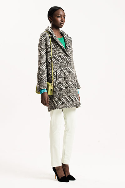 All Ages: Woollen Coats: Model wears black and white patterned woollen coat