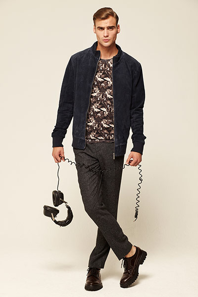 Fashion: Mens Coats: Male model wearing suede bomber jacket