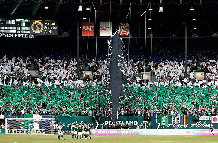 Tifo: Fans of the Portland Timbers raise a tifo 