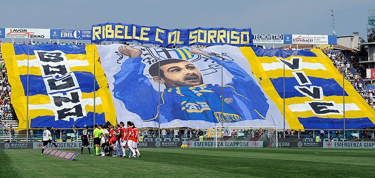 Tifo: Parma FC fans hold up a banner