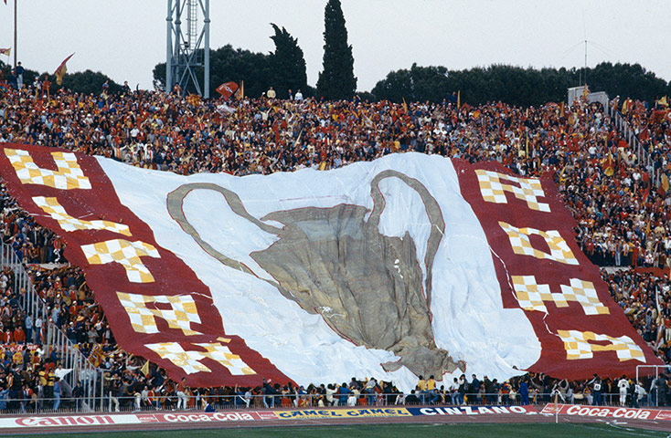 Tifo: AS Roma fans display a huge flag 