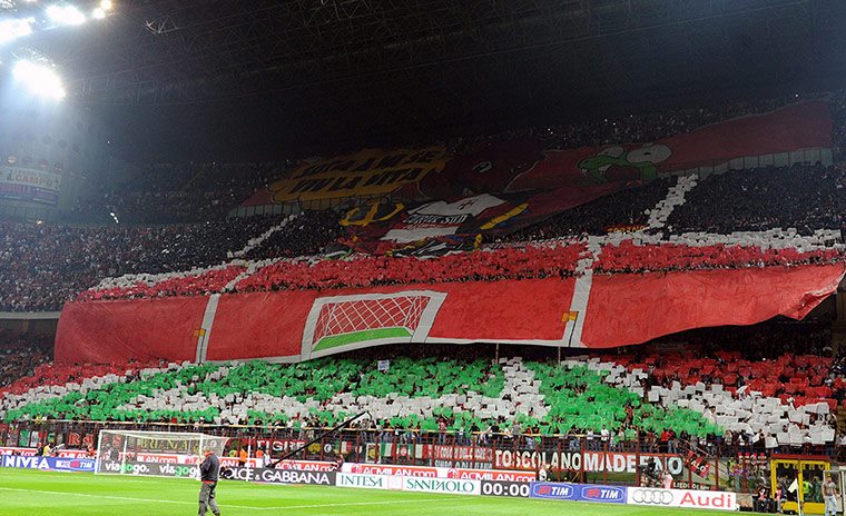 Tifo: Fans of Milan display a banner 