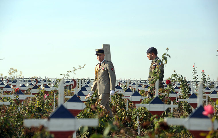 Remembrance Day: Skopje, Macedonia: French officers walk among graves of French soldiers