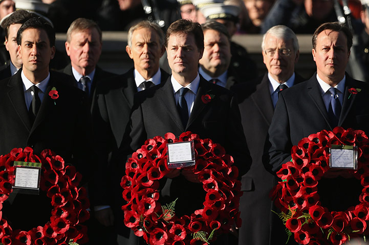 UK Remembrance Day: Ed Miliband, Nick Clegg and David Cameron wait to lay their wreaths