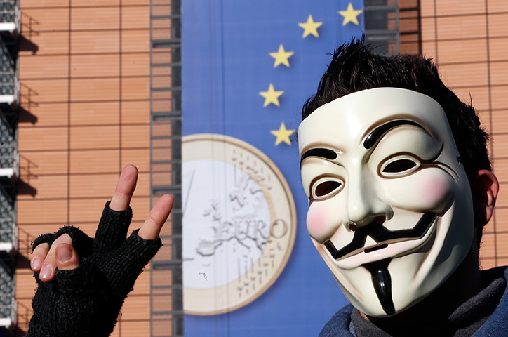 Euro protests: Brussels, Beligium: A protester wearing a Guy Fawkes mask