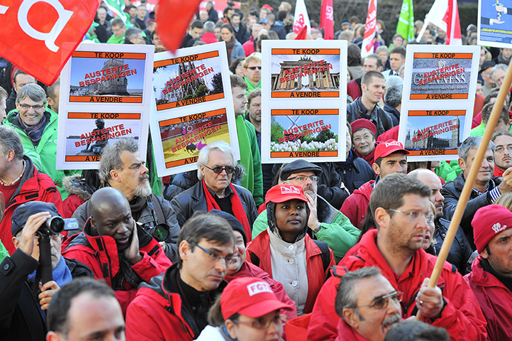Euro protests: Brussels, Belgium: People take part in protest at the EU Headquarters