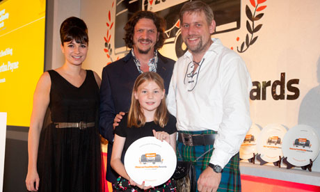 Gizzi Erskine and Jay Rayner present the best food blog award to Martha Payne