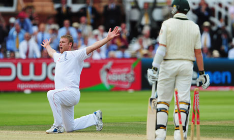Flintoff milks the crowd's applause after taking his fifth wicket against Australia in 2009.