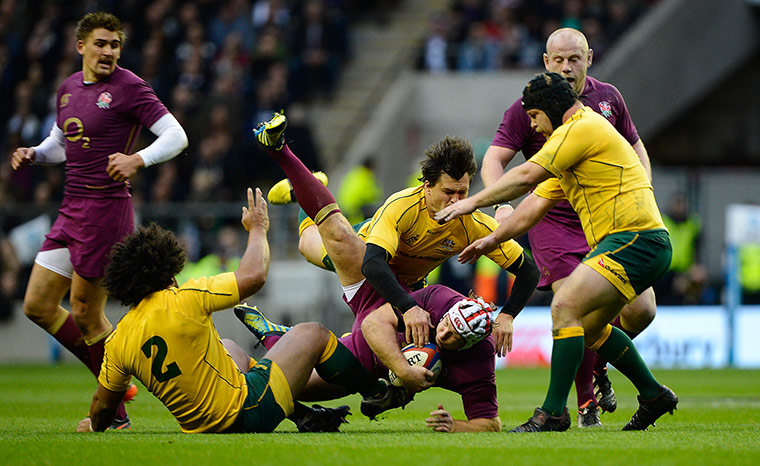 eng v australia: Thomas Waldrom gets tackled by Adam Ashley-Cooper