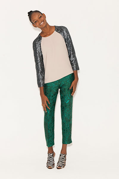 All Ages: Trousers: Model wear bright green cocktail trousers with beige and silver top