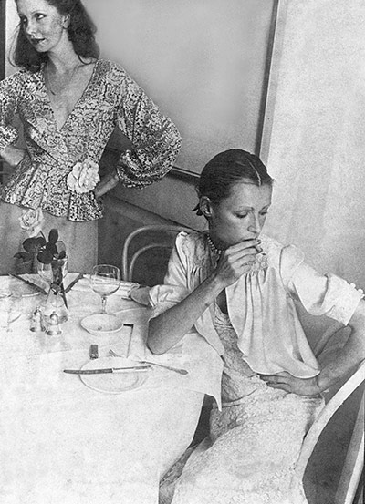 Caroline Charles : Caroline Charles cut-velvet wrap blouse, 1974