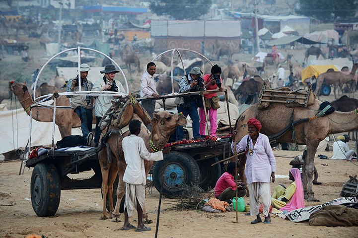 Camel fair: Tourists take photographs of camel traders