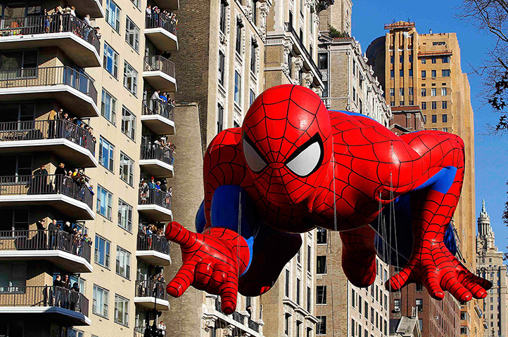 Thanksgiving: The Spiderman balloon floats down Central Park West