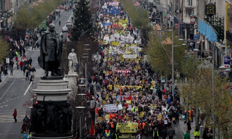 Trade union members march through Dublin City Centre in opposition to Austerity. 