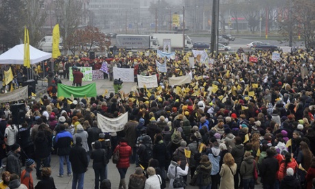 Teachers demonstrate at Trnavske Myto square on November 26, 2012 in Bratislava during a nationwide employee and teacher's strike in Slovakia.