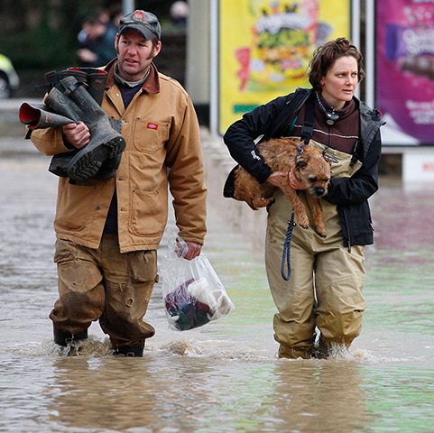 Residents rescued floods: A woman carries her dog as she makes her way through flood waters 