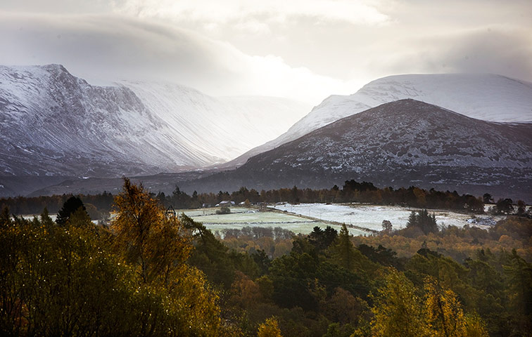 UK weather: The Caingorms, Sotland: The first falls of snows arrive