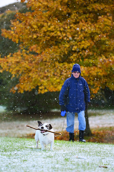 UK weather: Peterlee, County Durham: A man walks his dog in the snow
