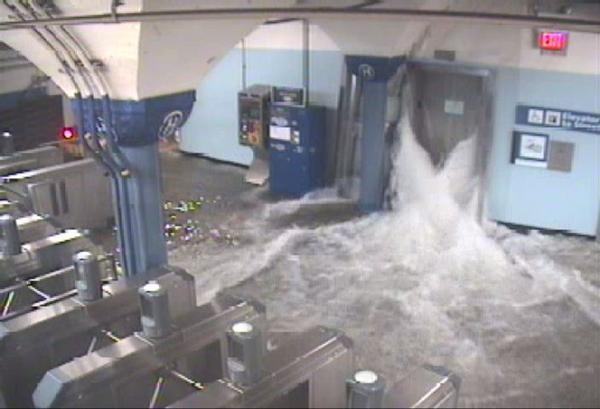 Water rushing into Hoboken Path station