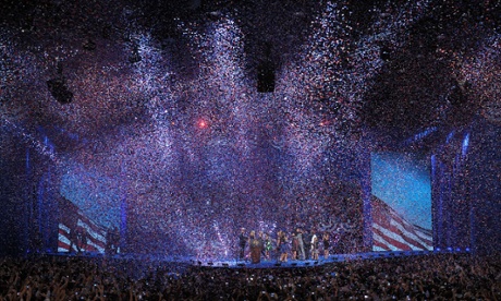 Confetti falls during a celebration of the re-election of US President Barack Obama on election night.