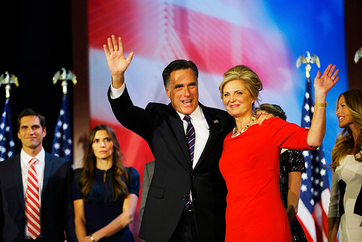 Election celebrations: Romney stands on stage with his wife Ann 