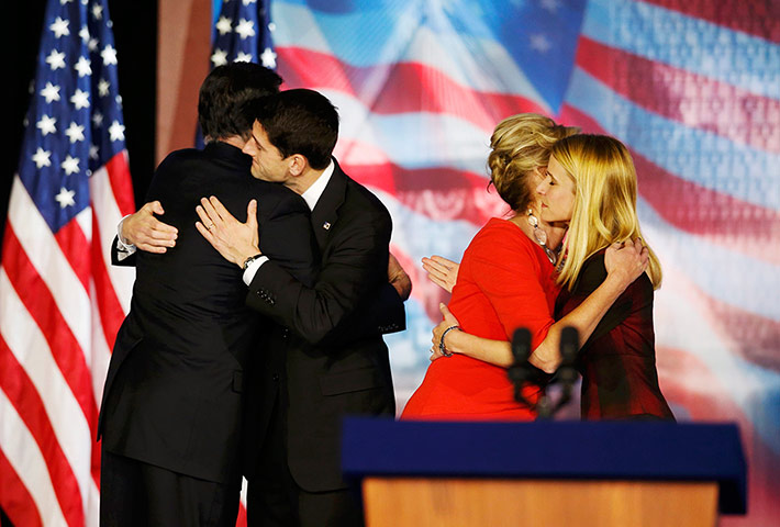Election celebrations: Romney and vice presidential nominee Ryan hug