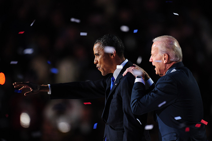 US reaction: Obama and Biden celebrate after election speech