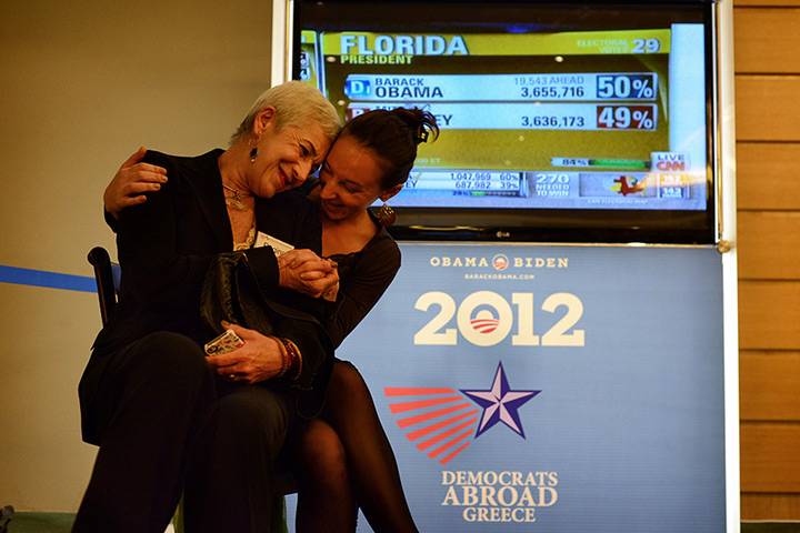 World election reaction: Athens, Greece: Democrats in Greece react in Athens Hotel