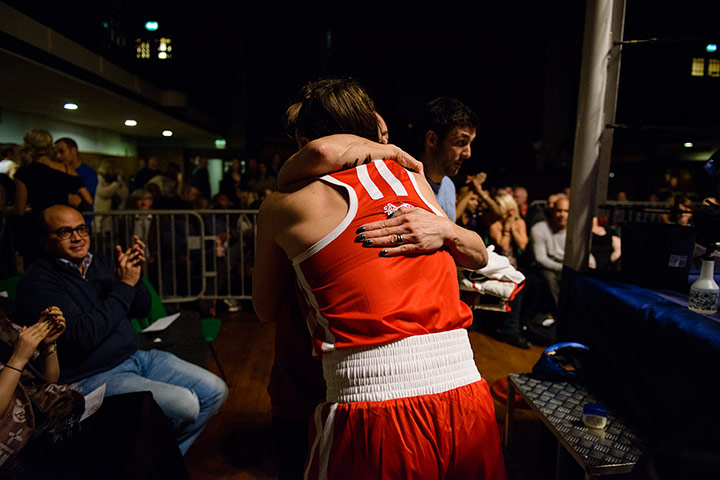 Lucy Fry gallery: Lucy is hugged by her trainer after the fight
