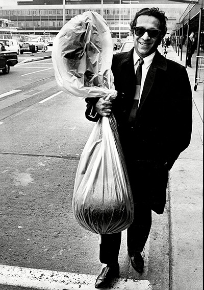 Ravi Shankar: 1966: Ravi Shankar travelling with sitar