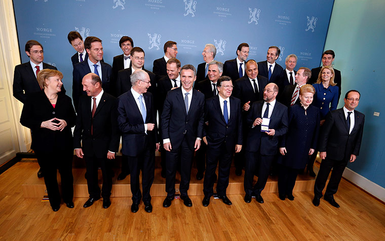A lighter look: European leaders in Oslo after the Nobel peace prize award ceremony. 