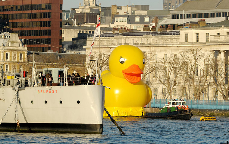 A lighter look: A giant 50ft rubber duck passes HMS Belfast on the Thames