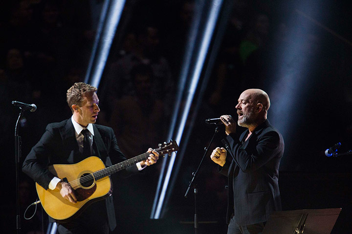 Sandy gig: Chris Martin and Michael Stipe performed Losing My Religion