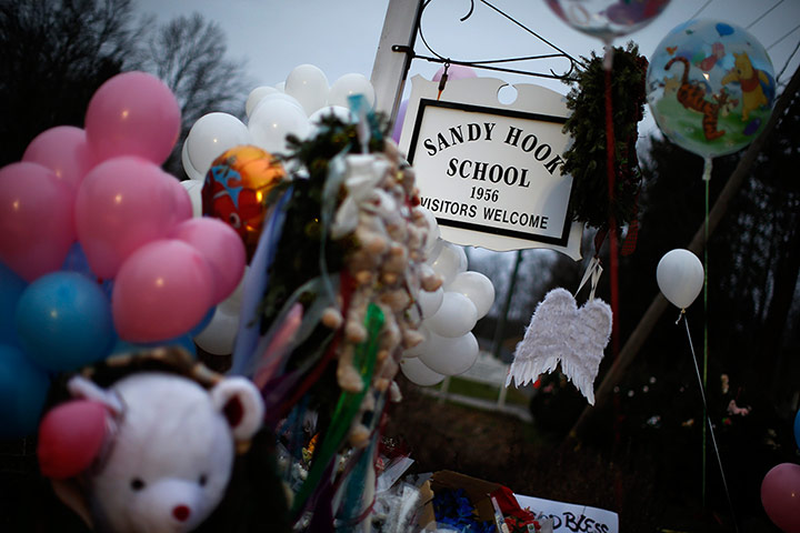 Sandy Hook: A makeshift memorial by the entrance to the Sandy Hook Elementary School 