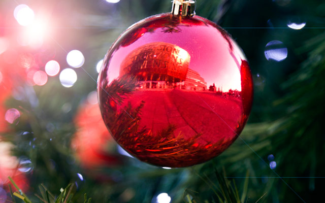 xmasculture: Red bauble on a tree at the Wales Millennium Centre